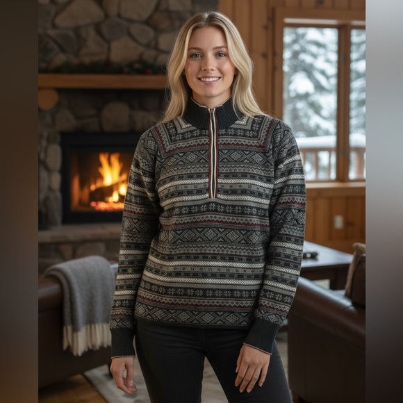 Eddie Bauer Women’s Fair Isle Zip Cardigan Size L Gray Winter Nordic Layers Ski - Picture 1 of 11